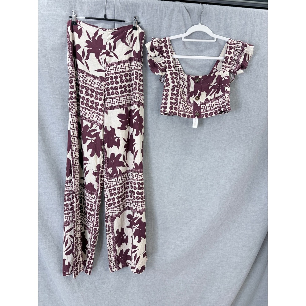 Olivaceous Burgundy Floral Linen Blend Set Crop Top‎ M Wide Leg Pants L NWT